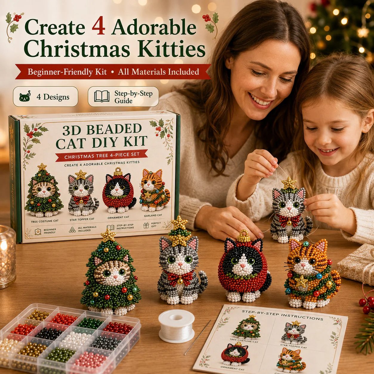 💥🏆Create Your Own 3D Beaded Christmas Cats | Beginner-Friendly DIY Kit🎁