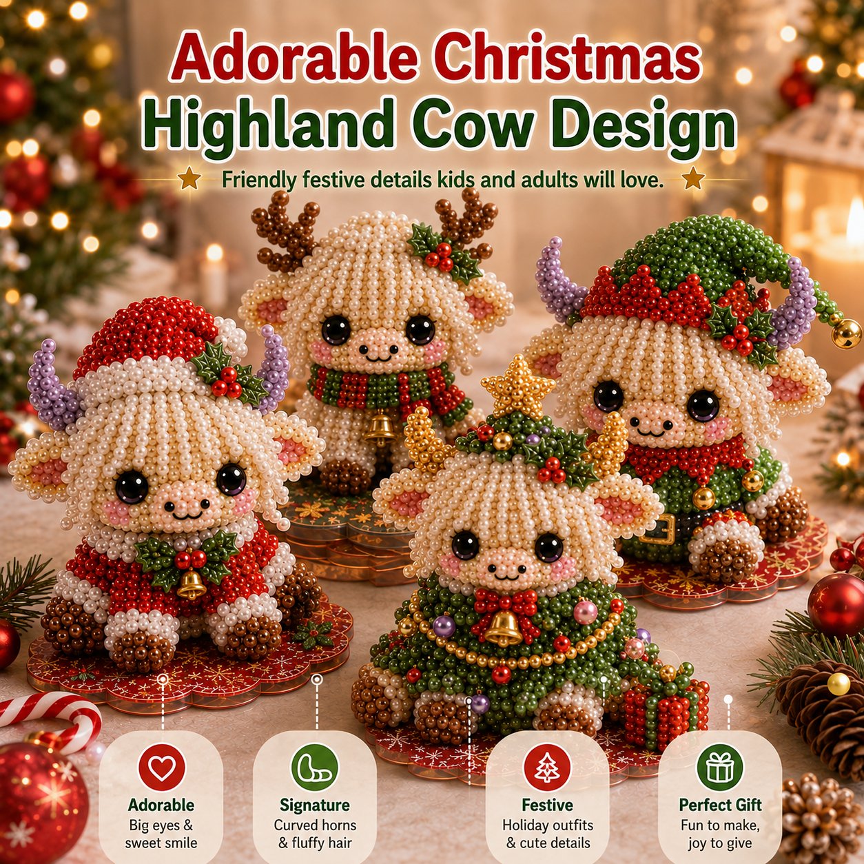 ⏳ Last Day 49% OFF – 🎄Beginner-Friendly Christmas Highland Cow 3D Pearl Bead DIY Kit | Complete Kit with All Tools & Step-by-Step Guide Included 💕