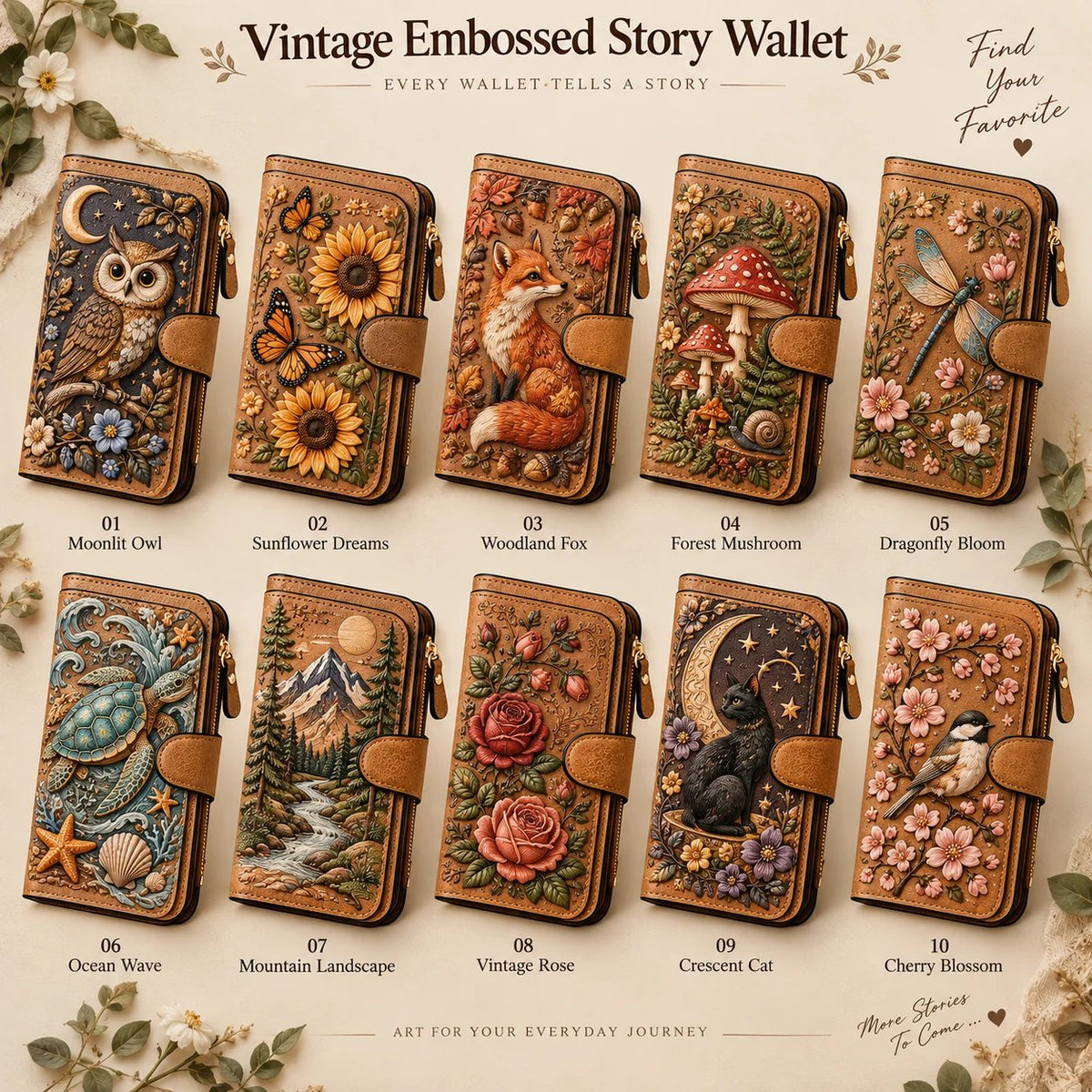 👛 Vintage Embossed Art Wallet – 10 Story-Inspired Designs