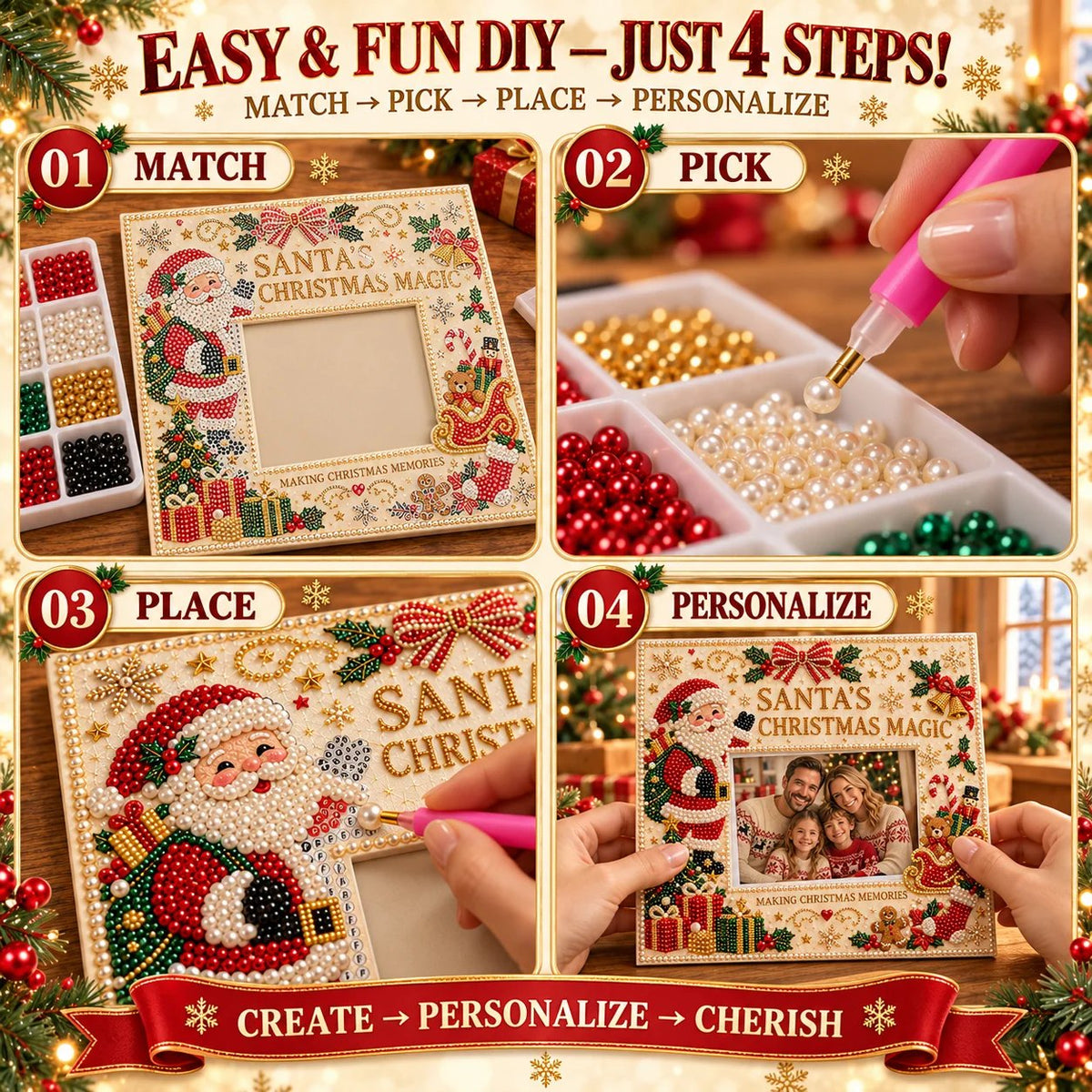🎄 DIY Christmas Pearl & Rhinestone Photo Frame Kit | Beginner-Friendly Holiday Craft 💎