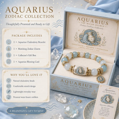 ⏳ Last Day 49% OFF – ♈ 12 Zodiac Natural Chalcedony Bracelet Collection | 10–12mm Gemstone Beads, Symbolic Zodiac Charm, Stretch Fit & Collector’s Gift Box Included ✨