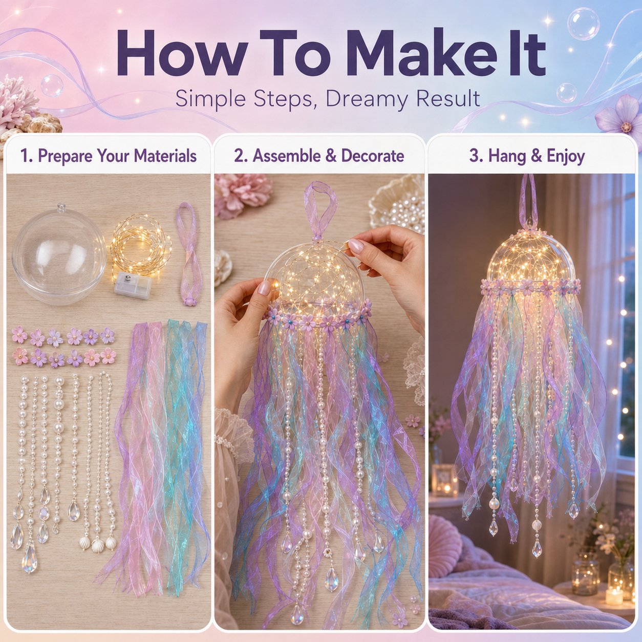 🎁 BUY 2 & GET FREE SHIPPING – 🪼 DIY Glowing Jellyfish Hanging Decoration Kit | Dreamy Floating Glow with Iridescent Ribbons, Pearls & Fairy Lights ✨