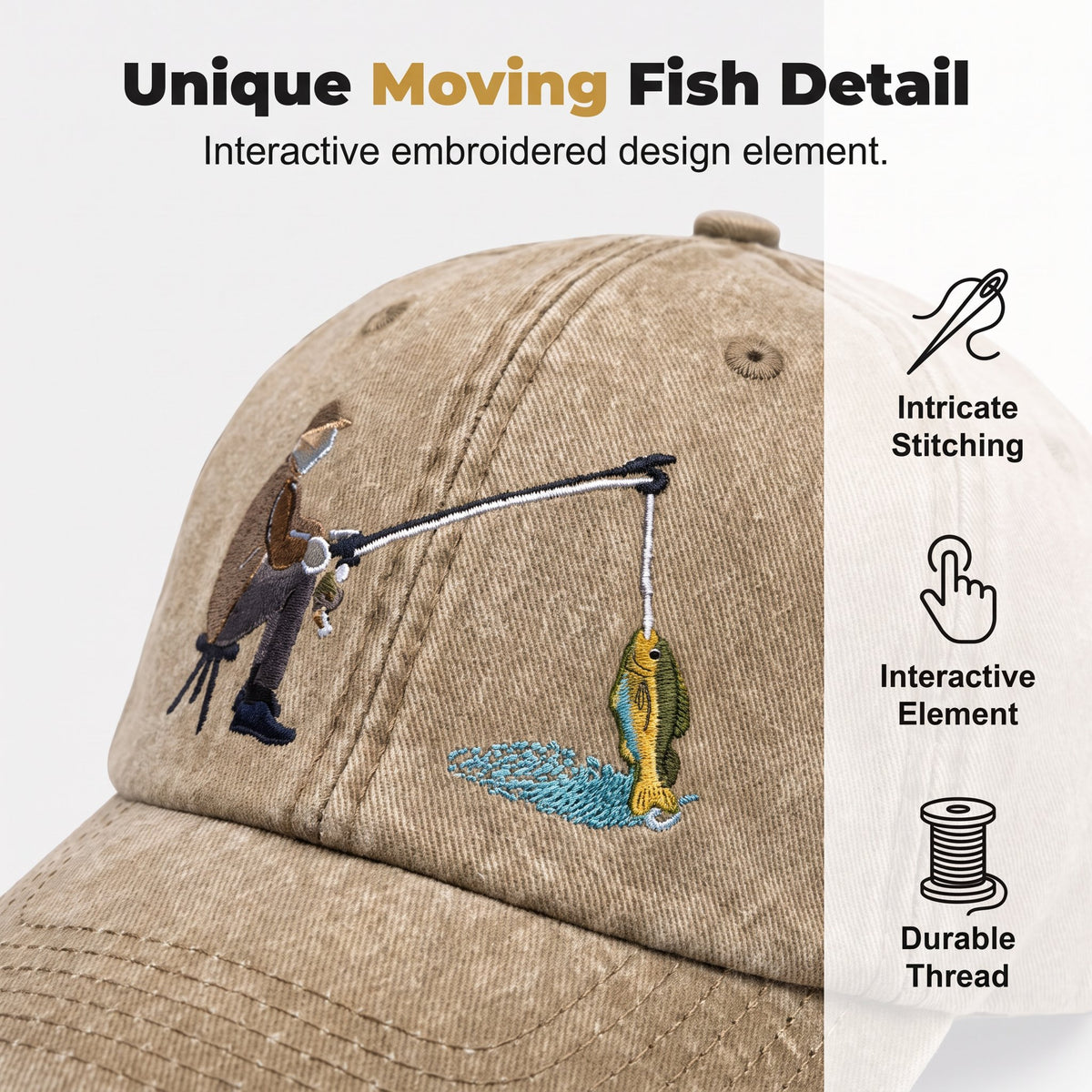 🎣 Catch of the Day Interactive Fishing Cap – Vintage Washed Moving Fish Hat