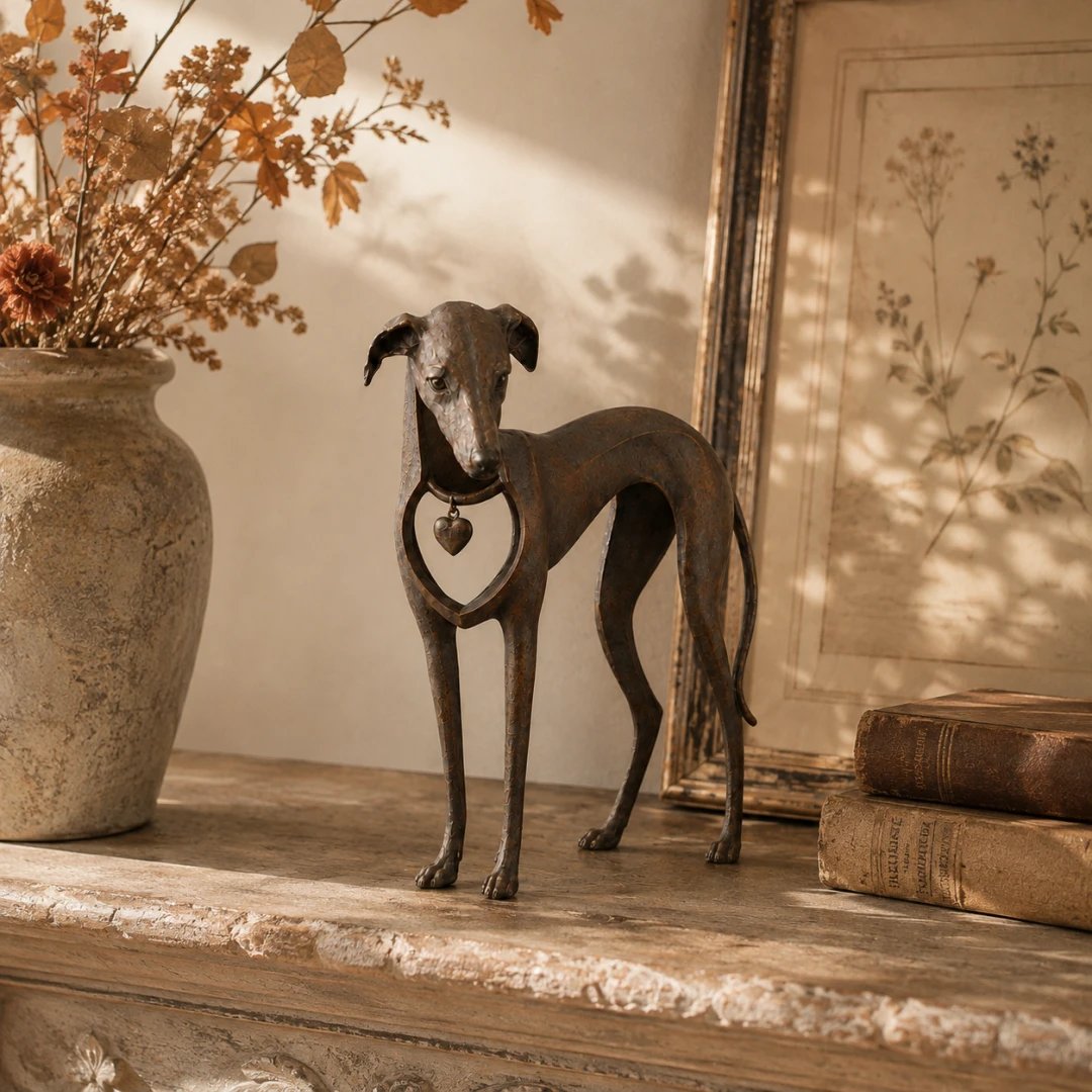 Heritage Heart Sighthound Sculpture – Vintage Iron Dog Accent for Timeless Interiors