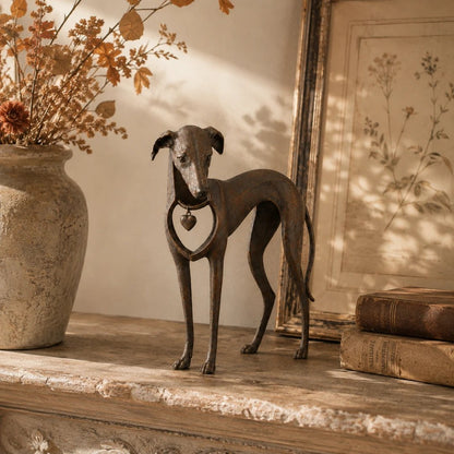Heritage Heart Sighthound Sculpture – Vintage Iron Dog Accent for Timeless Interiors