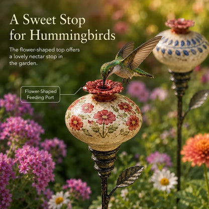 🔥LAST DAY SALE 60% OFF 🌺 Vintage Ceramic Hummingbird Feeder Garden Stake — Handcrafted Floral Bird Feeder Decoration
