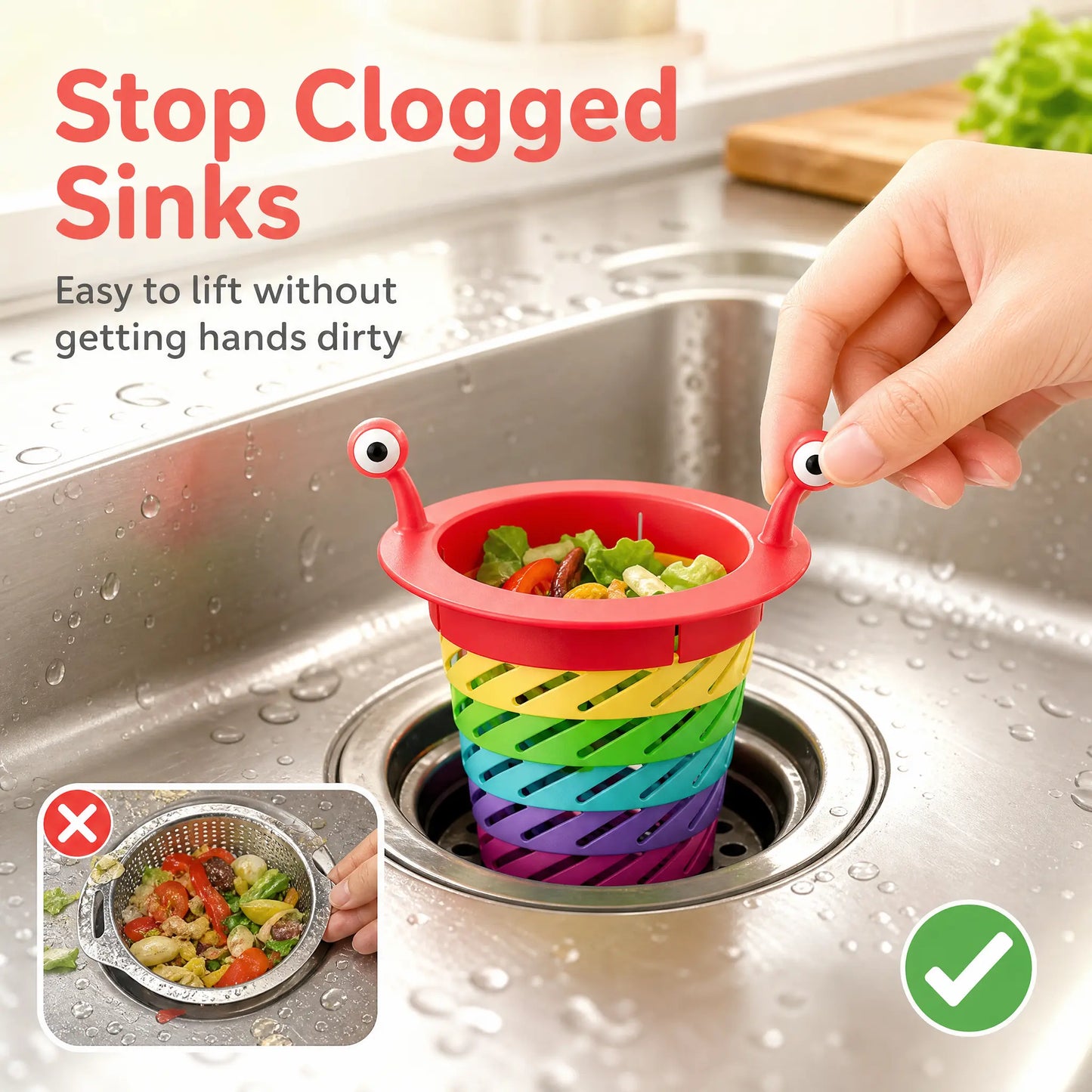 3PCS Rainbow Expandable Sink Strainer Basket, Rotatable Retractable Kitchen Sink Drain Filter🚰