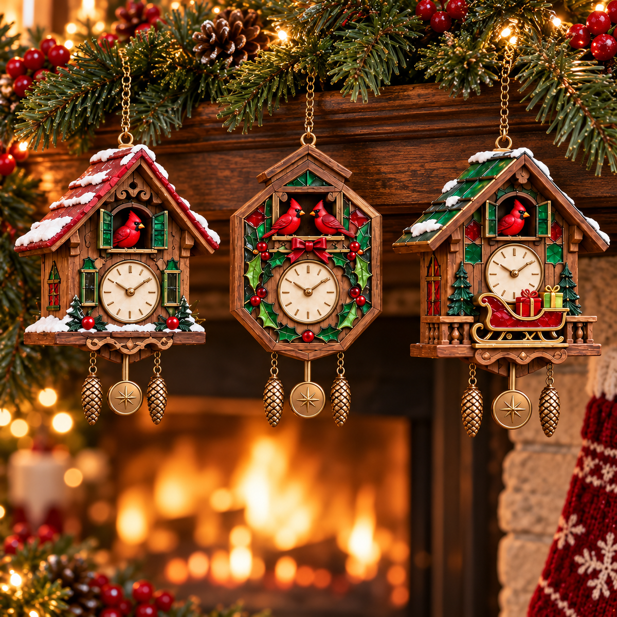 Cardinal cuckoo clock ornaments hanging beside glowing fireplace