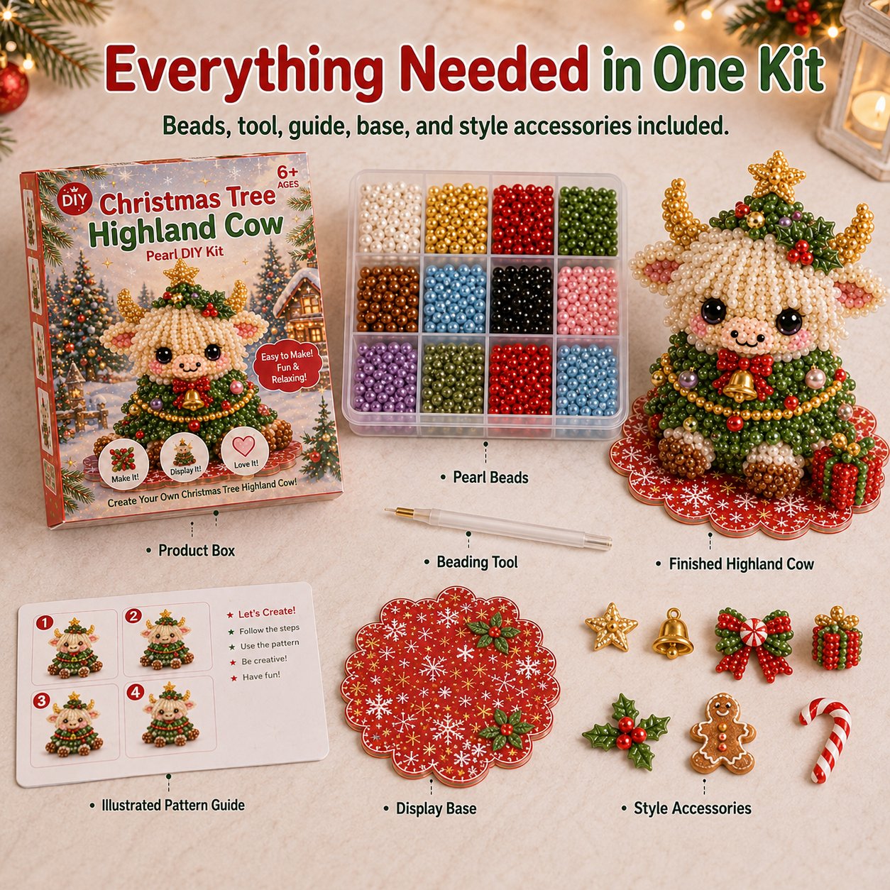 ⏳ Last Day 49% OFF – 🎄Beginner-Friendly Christmas Highland Cow 3D Pearl Bead DIY Kit | Complete Kit with All Tools & Step-by-Step Guide Included 💕