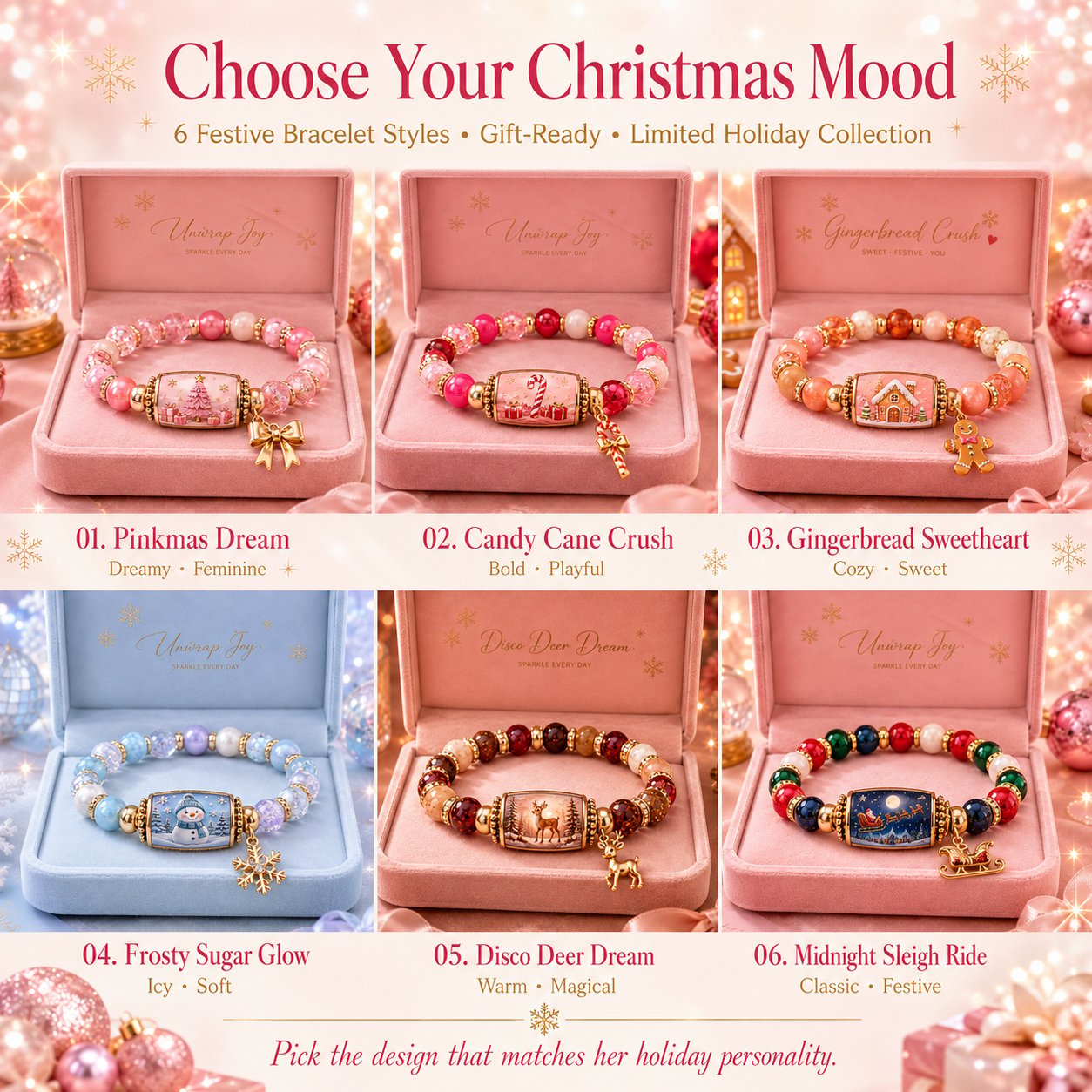 🔥 LAST DAY 49% OFF – 🎄 Candy Glow Christmas Bracelet Collection | 6 Dopamine Holiday Designs with Color-Coordinated Beads & Matching Gold-Tone Charms ✨