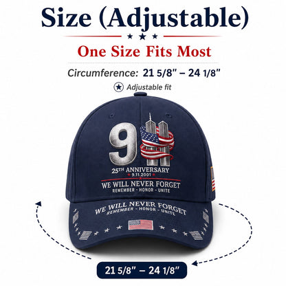 🔥LAST DAY 50% OFF - 9/11 25th Anniversary We Will Never Forget Embroidered Memorial Baseball Cap – Unisex Patriotic Memorial Hat🧢 100% Cotton