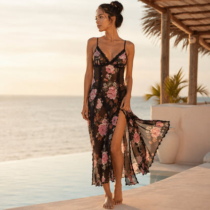 🔥Last Day 49% OFF - Sheer Floral Rose Print Maxi Dress 🎁Buy 2 Free Shipping