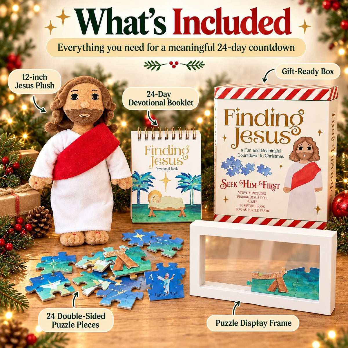 🎄 24-Day Finding Jesus Advent Calendar – Plush Doll, Bible Verses & Puzzle Set ✝️