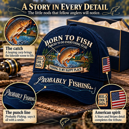 🎣 Born To Fish “Probably Fishing” USA Angler Tribute Cap  | Cotton-Poly Blend • Detailed Embroidery • Adjustable Fit