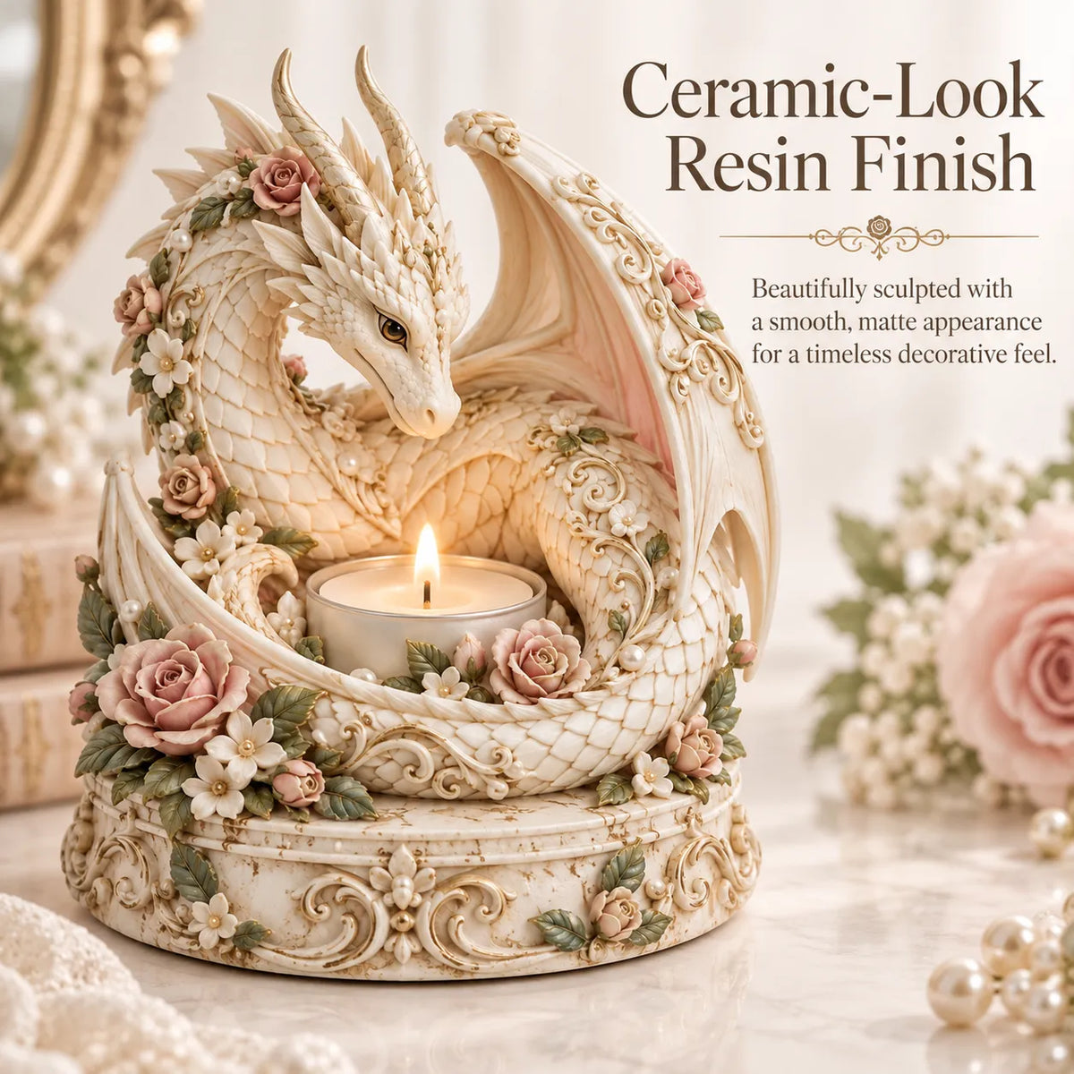🐉 Floral White Dragon Tea Light Candle Holder