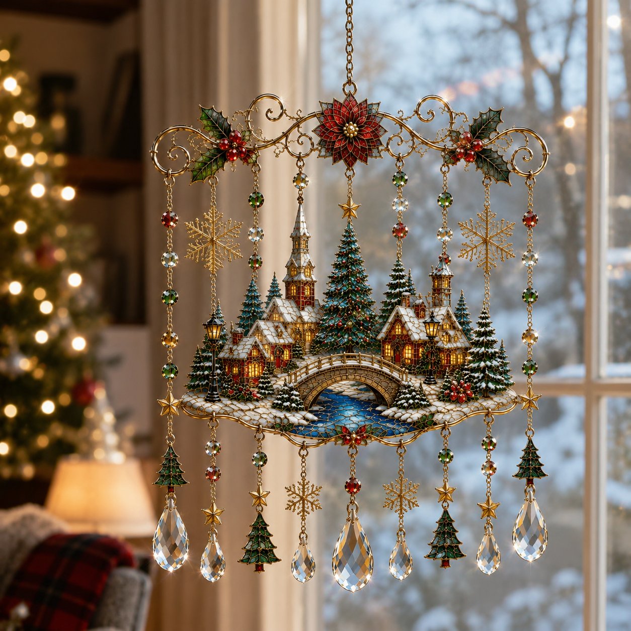 🔥 LAST DAY 49% OFF – 🎄Handmade Christmas Stained Glass Window Hanging | Tempered Stained Glass, K9 Crystal Drops & Ready-to-Hang Holiday Decor ✨