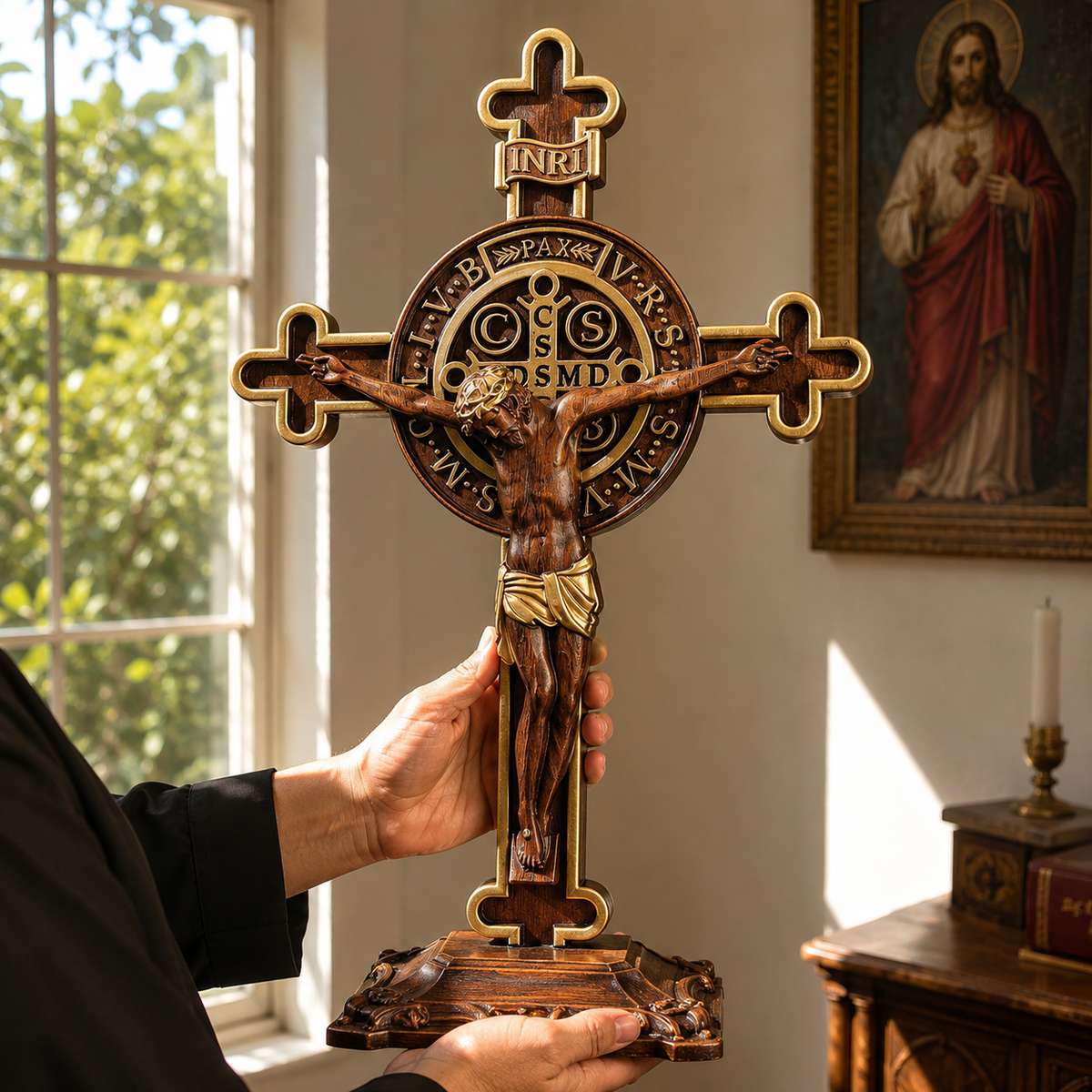 Hand-Carved Beechwood Saint Benedict Crucifix – Double-Sided Christian Standing Cross