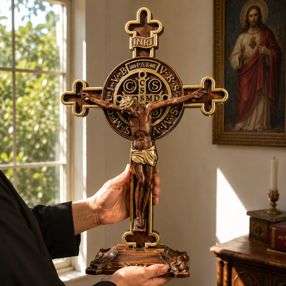 Hand-Carved Beechwood Saint Benedict Crucifix – Double-Sided Christian Standing Cross