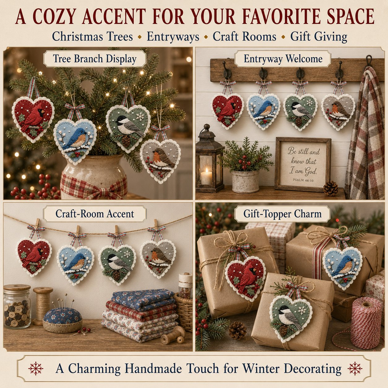 ⏳ Last Day 49% OFF – 🐦 Beginner-Friendly Winter Bird Felt Heart Ornament Sewing Kit Collection | Complete Kit with Pre-Cut Felt, Sewing Materials & Step-by-Step Guide Included 💕