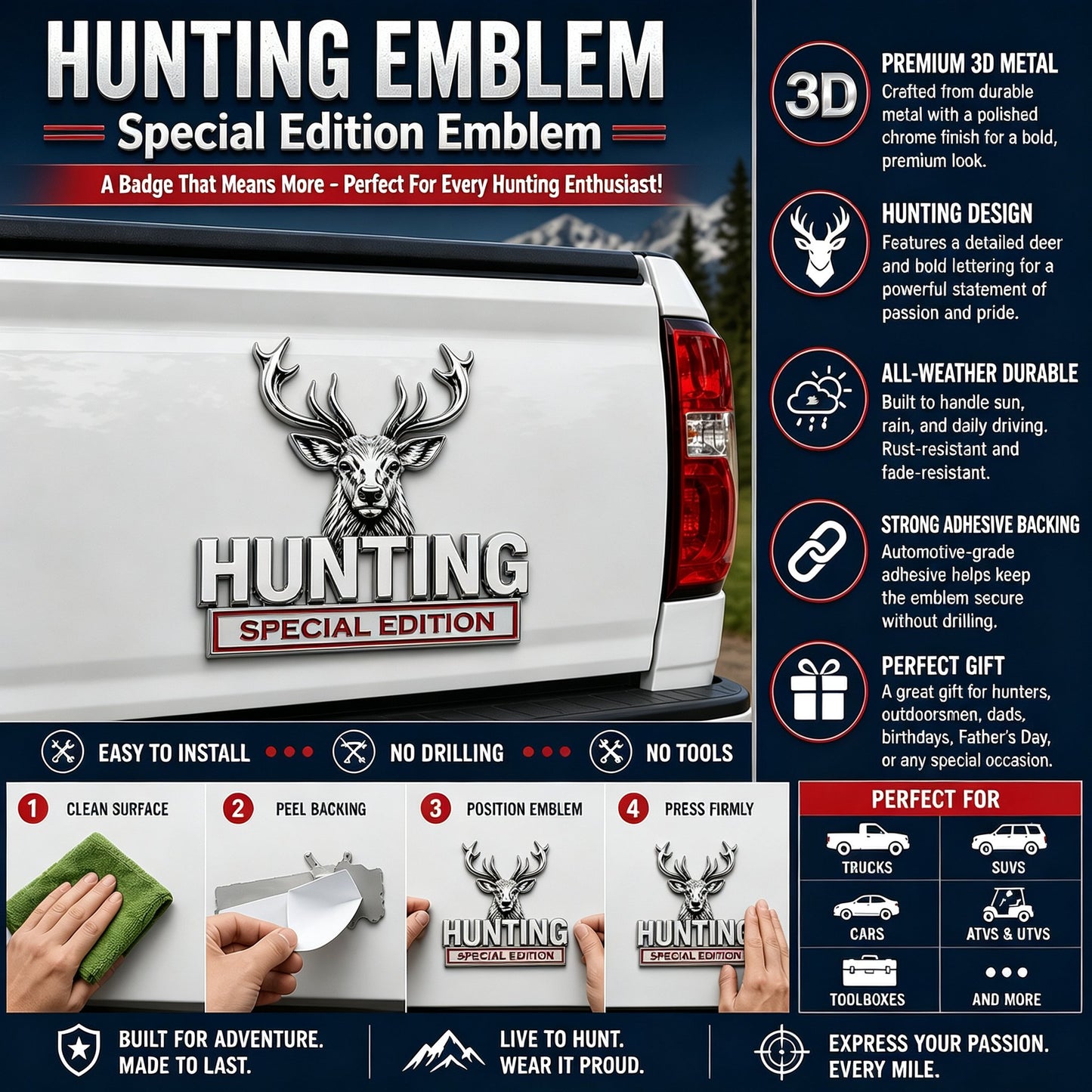 🦌 HUNTING Special Edition Emblem – Premium 3D Metal Car Badge For Hunting Enthusiast