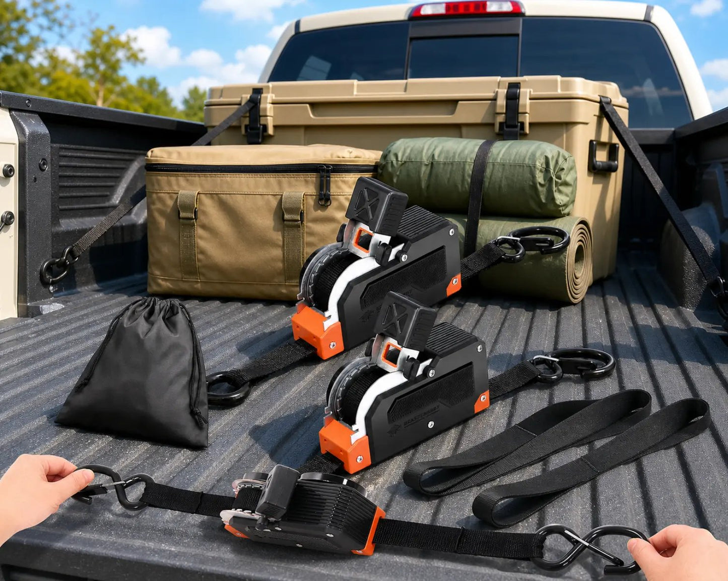 ⏰Limited Stock 60% OFF 🚜 Dual-End Retractable Tie-Down Ratcheting Straps, Large Locking S Hooks for Motorcycle, ATV, Truck
