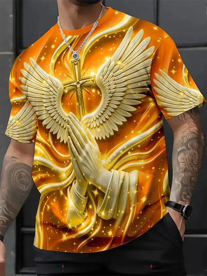 New Religious Prayer Hand Angel Wings Cross Print Men's Round Neck 3D High-Definition Short Sleeve