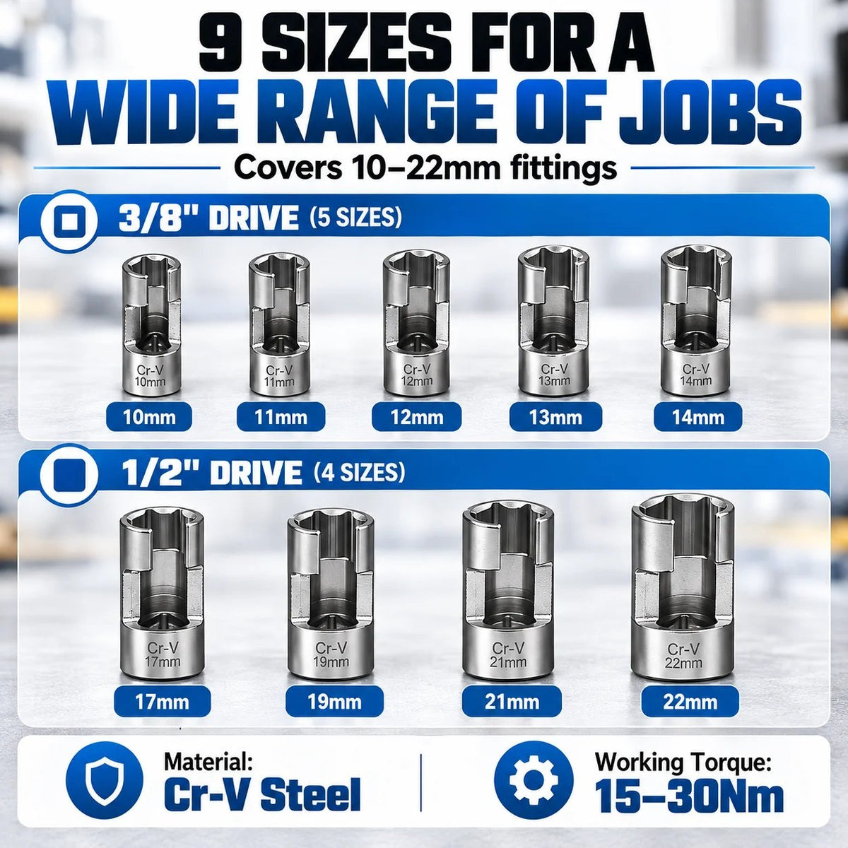 9-Piece Injector & Sensor Line Socket Set – 10–22mm Open-Side Cr-V Sockets, 3/8' & 1/2' Drive