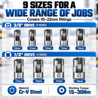 9-Piece Injector & Sensor Line Socket Set – 10–22mm Open-Side Cr-V Sockets, 3/8' & 1/2' Drive