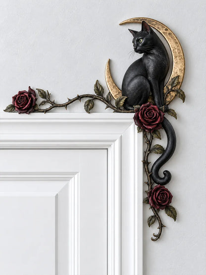 🌙 Gothic Black Cat & Red Rose Moon Door Frame Corner Decor