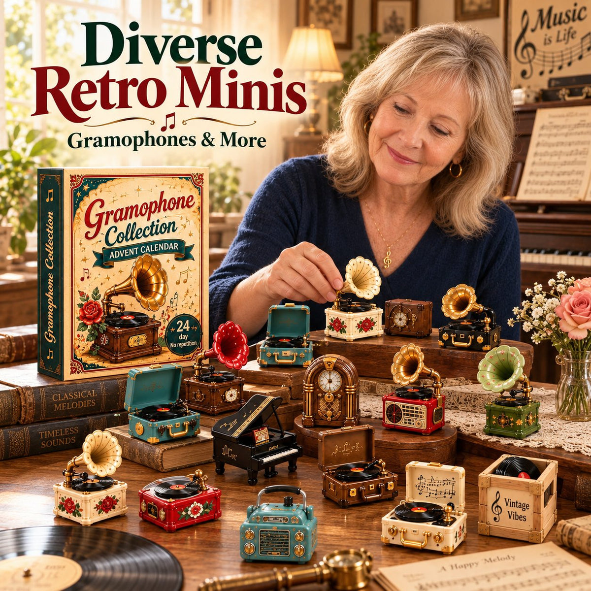 📻Gramophone Collection Advent Calendar 2027 – 24 Vintage Record Player & Music Miniatures, Retro Collectible Gift for Music Lovers