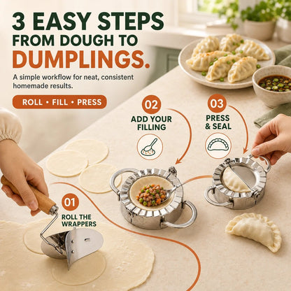 🥟 Stainless Steel Dumpling Maker & Dough Cutter Set – Roll, Fill, Press & Seal with Ease