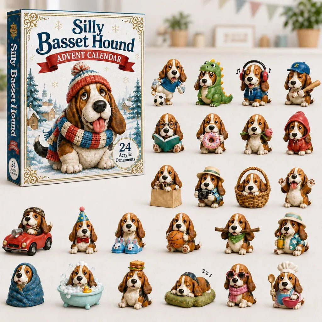 ⏳ Last Day 49% OFF – 🐶 2026 Silly Basset Hound Advent Calendar | 24 Unique No-Repeat Ornaments with Festive Floppy-Eared Characters 🎄