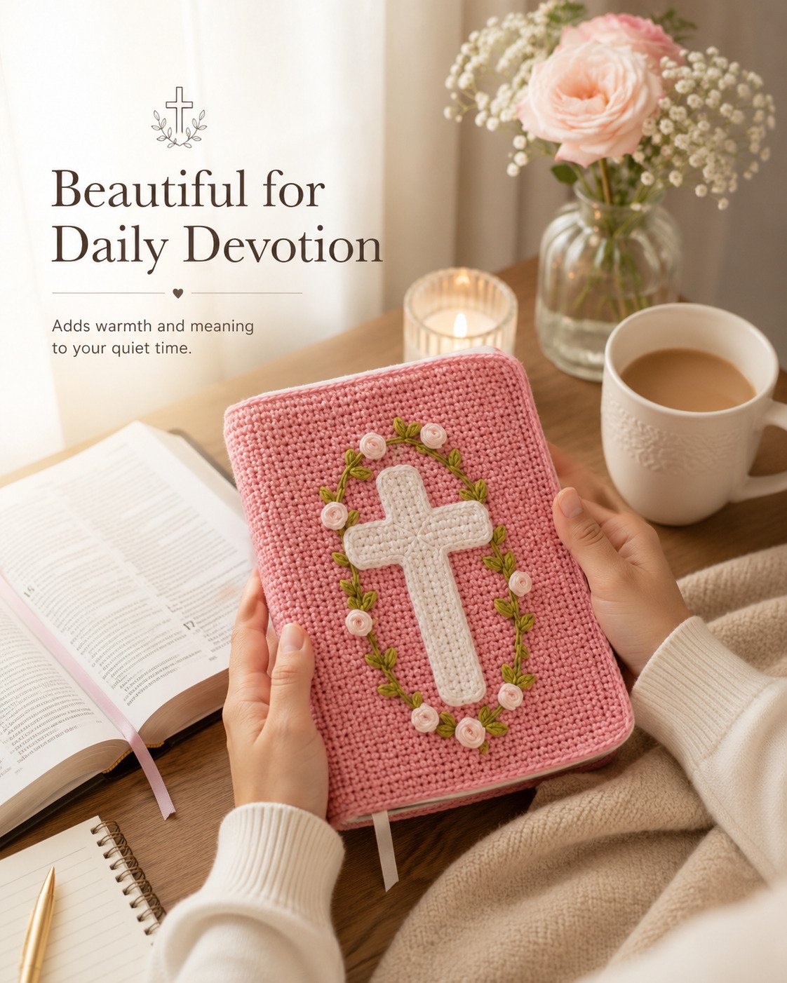 ✝️ Handmade Crochet Bible Cover with Floral Cross | Soft Protective Book Sleeve with Wrap Tie for Bibles, Prayer Books & Christian Gifts 🌸