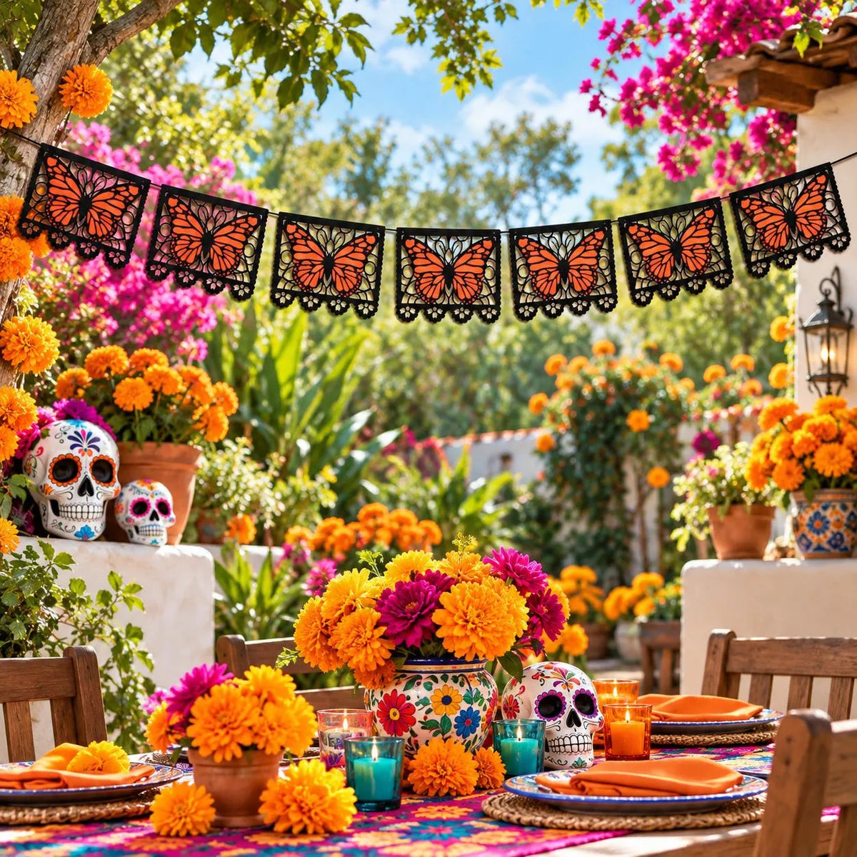 ⏳ Last Day 49% OFF – 🦋 Monarch Butterfly Día de los Muertos Banner | 9.8FT Black & Orange Papel Picado-Style Garland 🌺