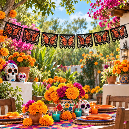 ⏳ Last Day 49% OFF – 🦋 Monarch Butterfly Día de los Muertos Banner | 9.8FT Black & Orange Papel Picado-Style Garland 🌺