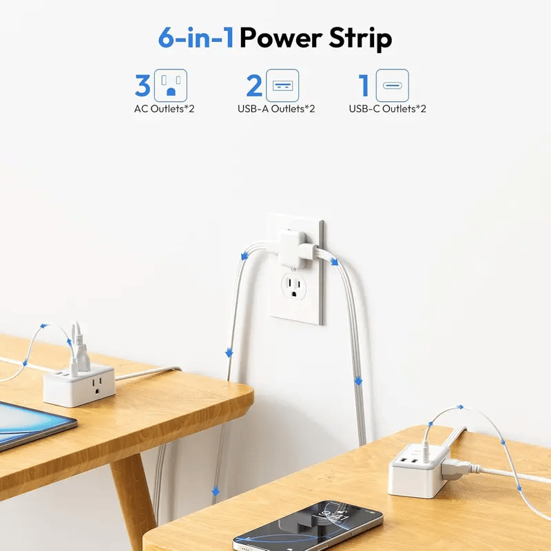 Twin Extension Cord Splitter 12 / 18 FT, with 6ft Dual Extension Cord on Each Side 3 Widely Outlets, Double Extension Cord for Home Office Dorm Room