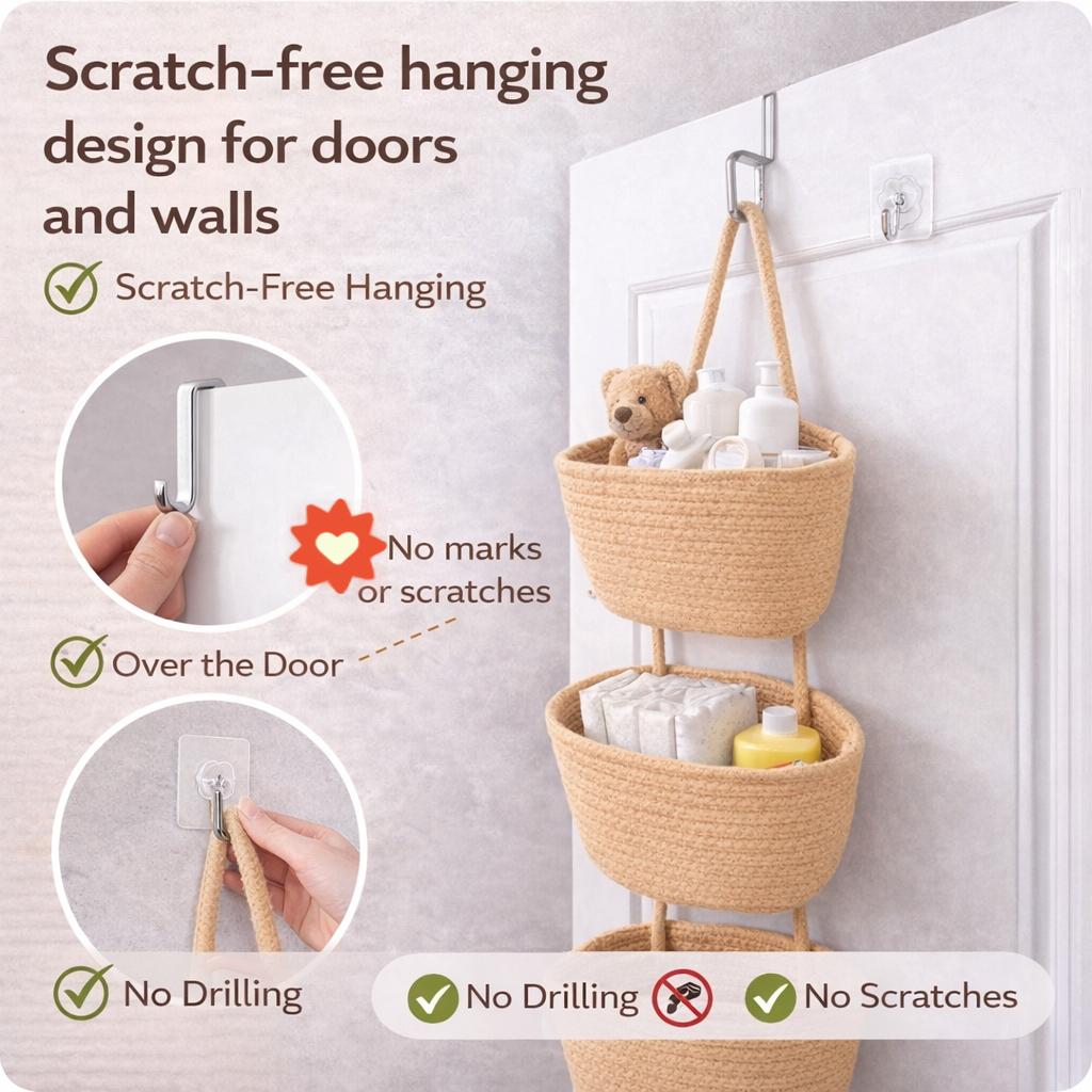 🧺Woven cotton 3-Tier Over the Door Basket, Wall-Mounted Jute Storage Organizer🔥