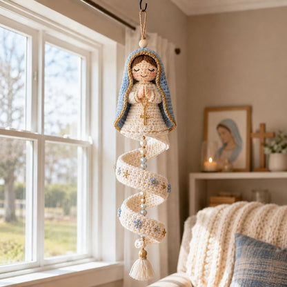 🙏 Handcrafted Crochet Blessed Mother Devotional Spiral Hanging Ornament | Soft Textured Yarn, Plush Filling, Decorative Beads, Golden Cross & Floral Tassel Details 💙✨