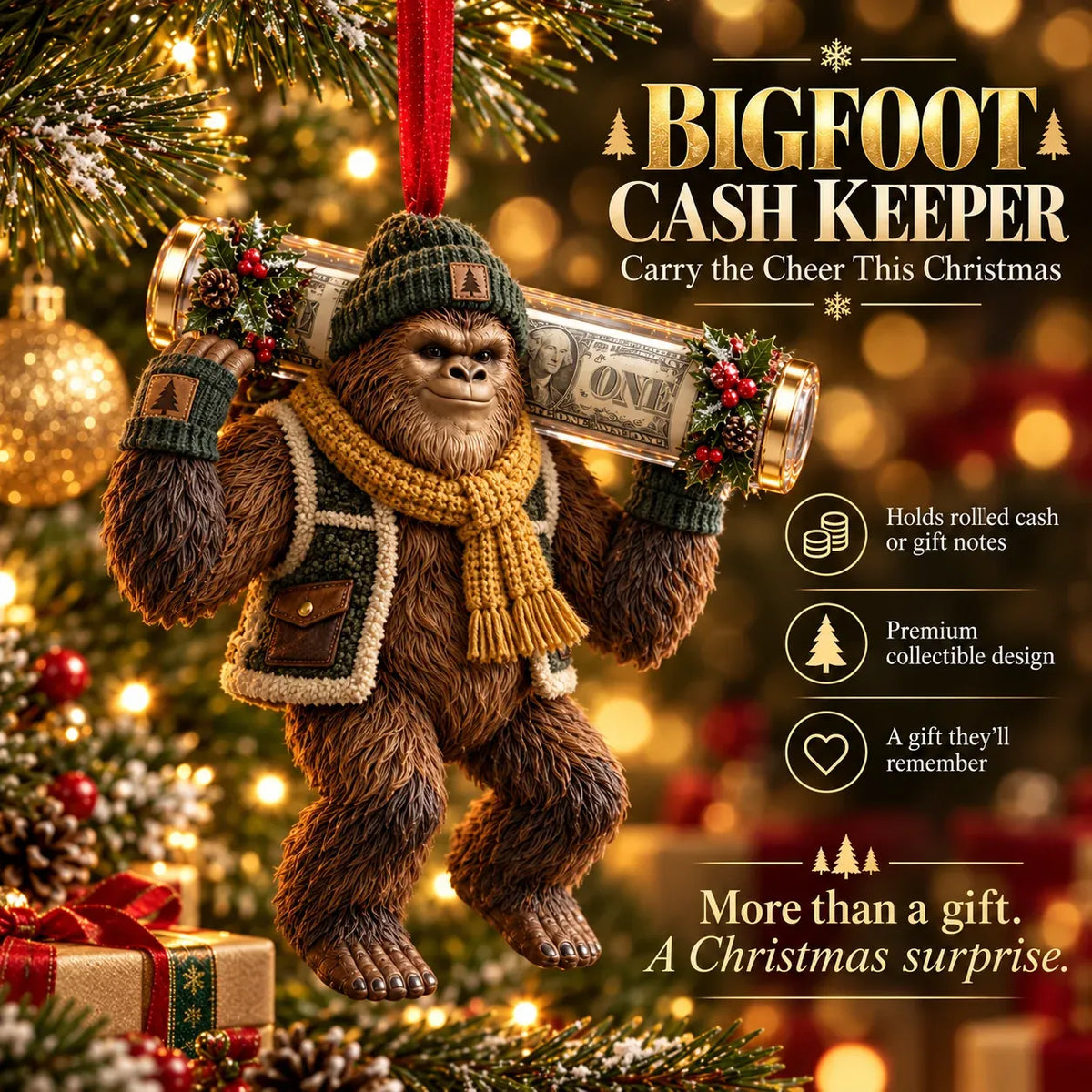 🎄👣 3D Bigfoot Christmas Cash Gift Ornament – Holiday Money Holder Keepsake ✨