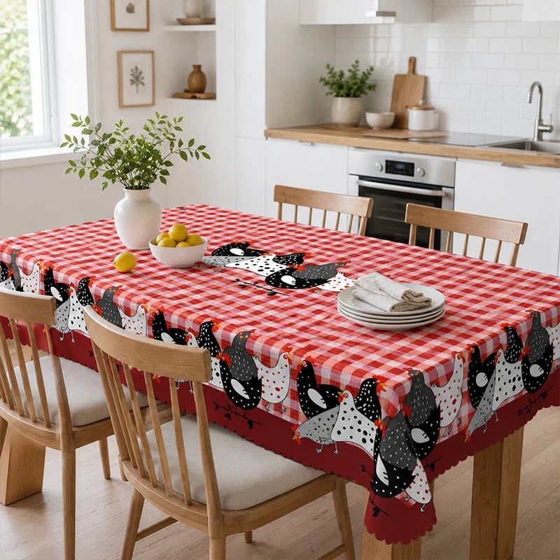 🔥HOT SALE🔥🐓 Farmhouse Rooster Tablecloth – Red Buffalo Plaid Chicken Table Cover, Spill Proof & Scalloped Lace Edge ✨