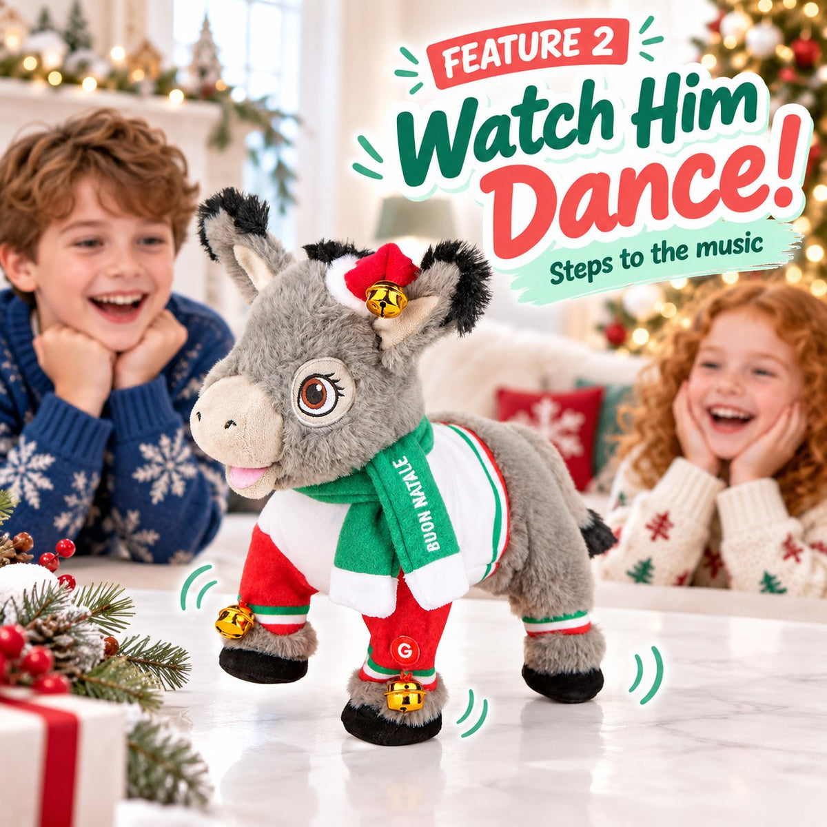 🎵 Musical Dominic the Donkey Christmas Plush, Battery Powered Animated Decor Gift