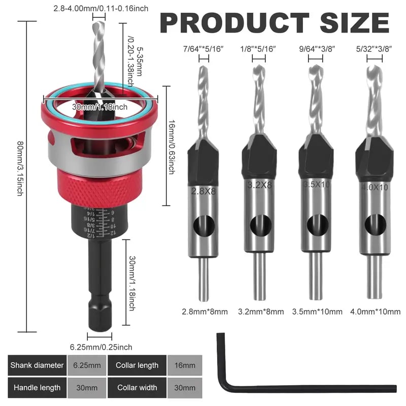 Adjustable Countersink Drill Bit Depth Stop Kit  | 4-Flute Wood Drilling Bits