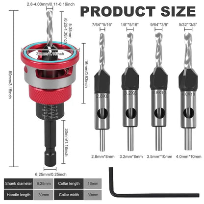 Adjustable Countersink Drill Bit Depth Stop Kit  | 4-Flute Wood Drilling Bits