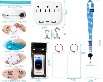 Cruise Essentials 2026- Cruise Must Haves Kit with Non-Surge Protector Power Strip, Lanyard with ID Holder, Magnetic Hooks, Luggage Tag Set, Towel Bands, Waterproof Phone Holder