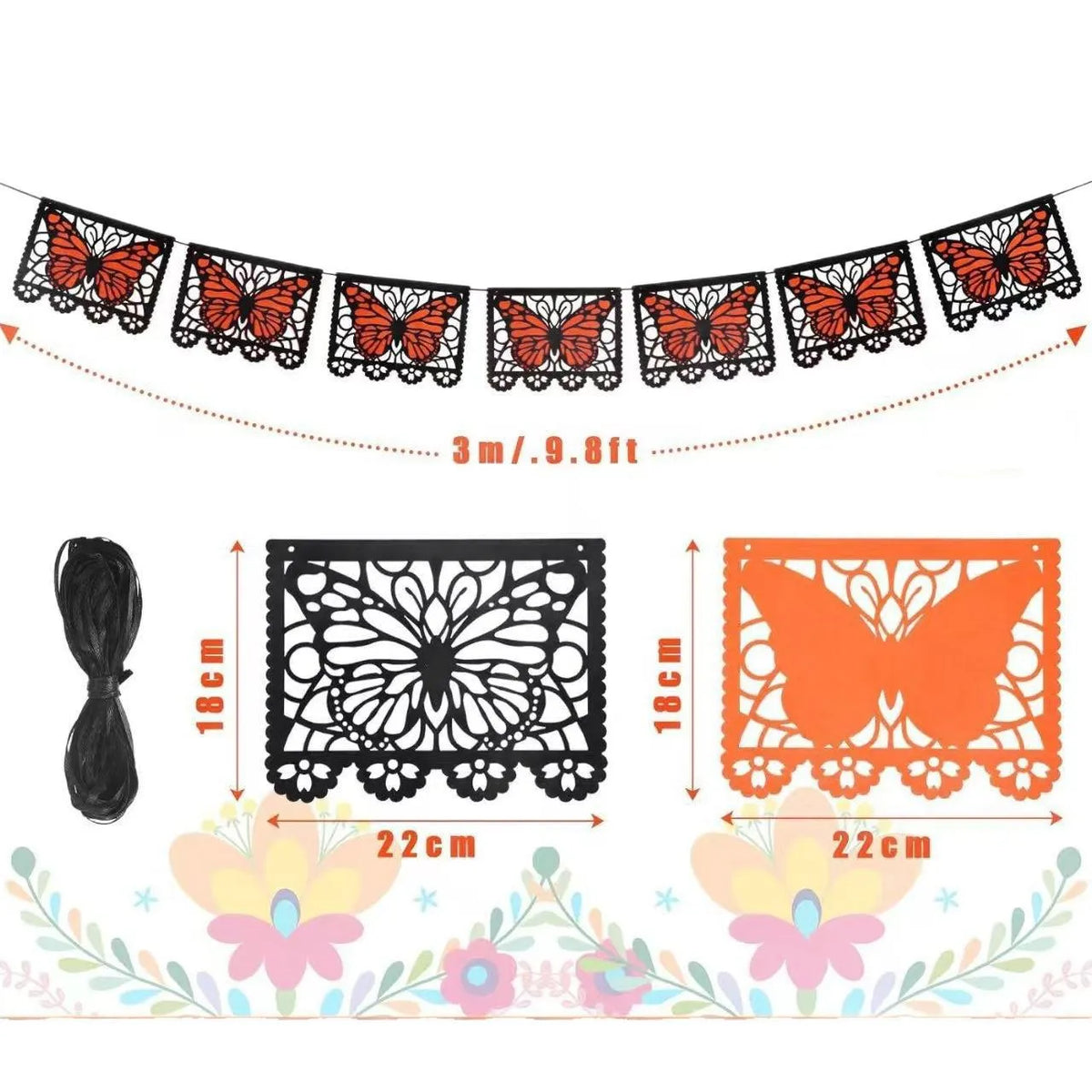 ⏳ Last Day 49% OFF – 🦋 Monarch Butterfly Día de los Muertos Banner | 9.8FT Black & Orange Papel Picado-Style Garland 🌺