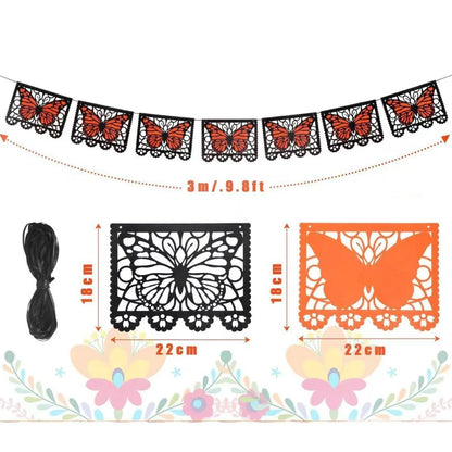 ⏳ Last Day 49% OFF – 🦋 Monarch Butterfly Día de los Muertos Banner | 9.8FT Black & Orange Papel Picado-Style Garland 🌺