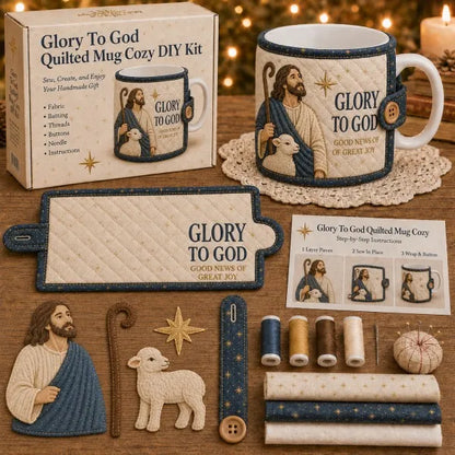 ✝️ Beginner-Friendly Christmas Faith Mug Cozy Sewing Kit | 6 Christian-Inspired Designs with Fabric Pieces, Batting, Appliqué, Thread, Buttons, Needle & Step-by-Step Guide Included 💕