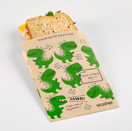 Kids Recyclable Paper Snack Bags, Sealable Dinosaur Design 50 Count Food Sacks