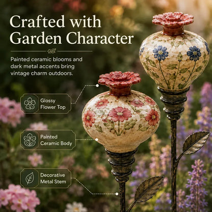 🔥LAST DAY SALE 60% OFF 🌺 Vintage Ceramic Hummingbird Feeder Garden Stake — Handcrafted Floral Bird Feeder Decoration