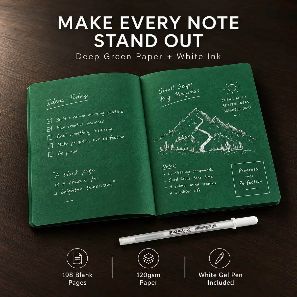 💚 Deep Green Blank Notebook with White Gel Pen | Aesthetic Writing & Sketch Journal